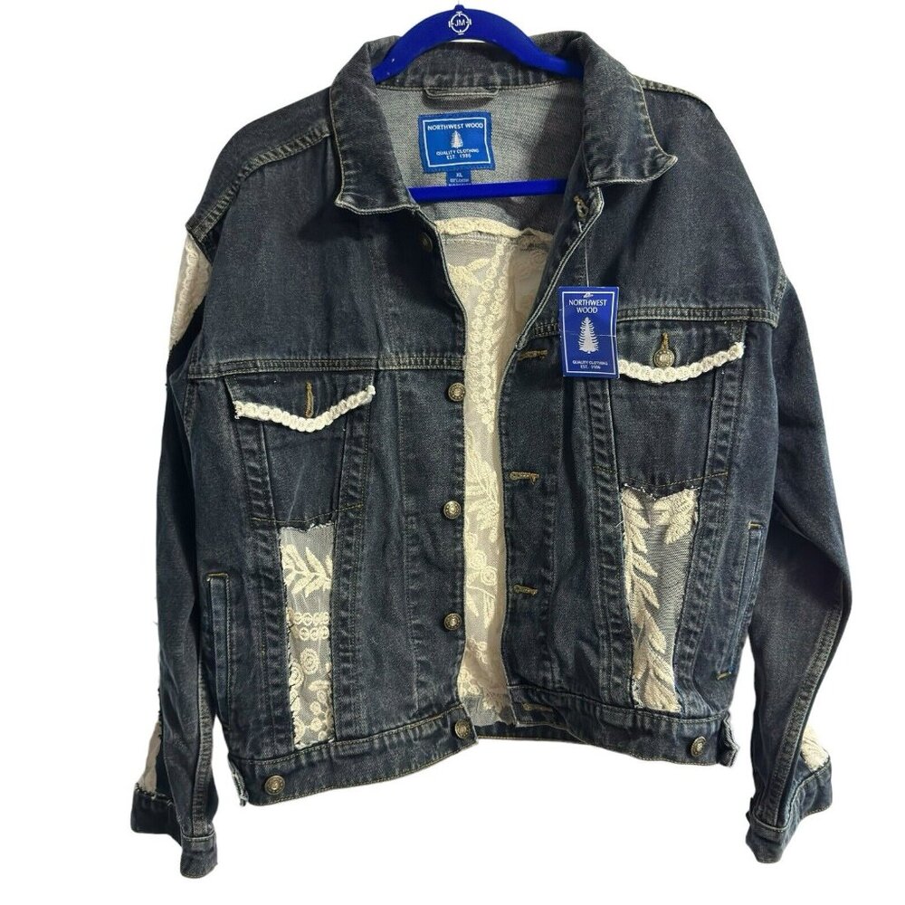 LADIES‎ DENIM JACKET WITH UPCYCLED LACE INSERT XL Cottagecore